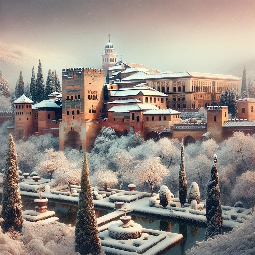 Alhambra in Winter_ A picturesque image of the Alhambra in Granada covered in snow, emphasizing its beauty in January. The scene should convey a magic UMF23 - Teatro Real - Kraftwerk