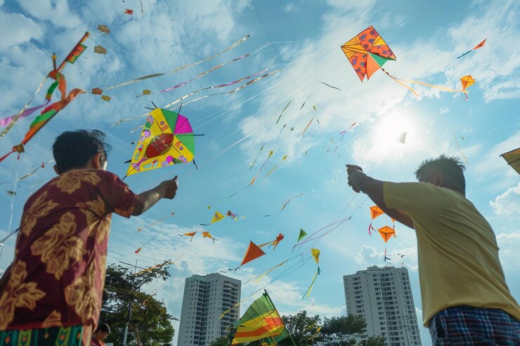 People flying colorful kites under a sunny sky