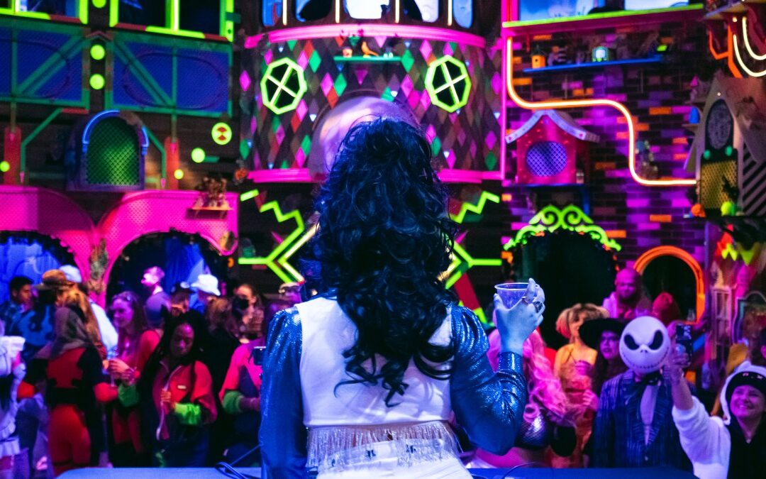 Colorful costume party with vibrant neon lights