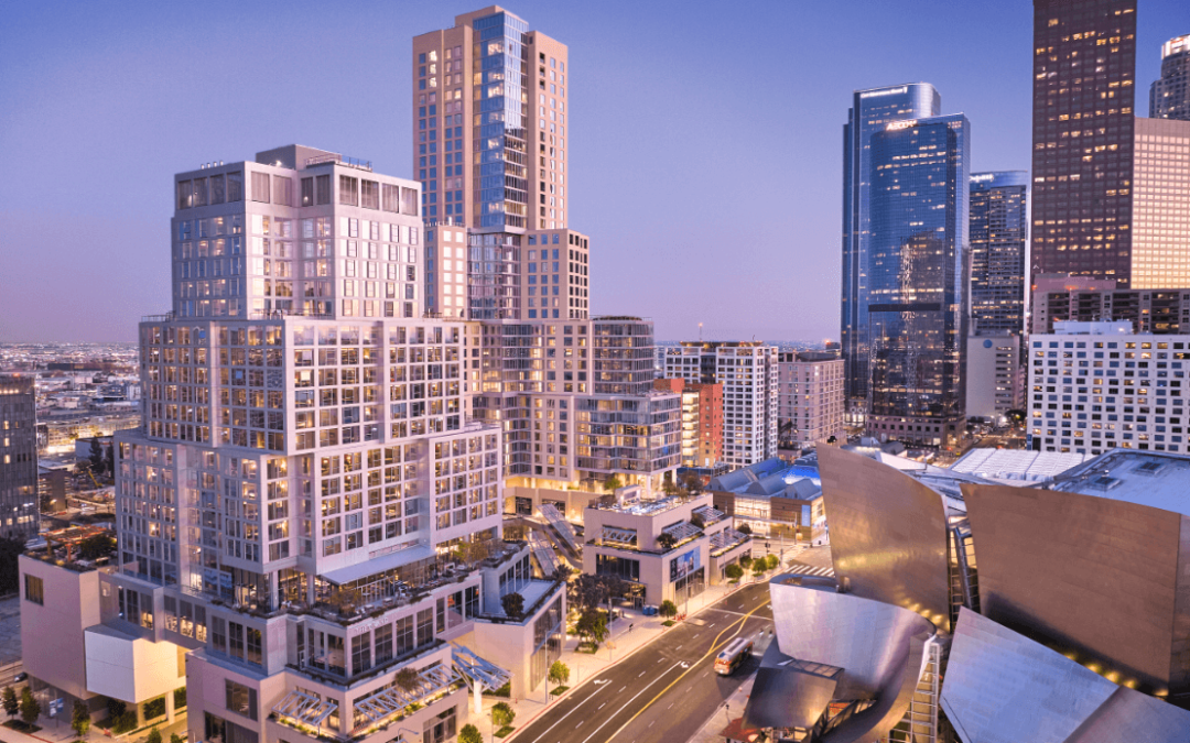 Downtown cityscape with skyscrapers at dusk.