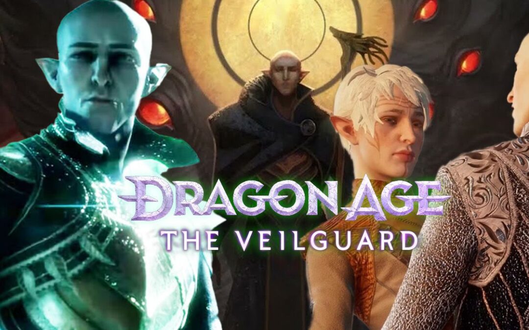Dragon Age: The Veilguard characters and logo.