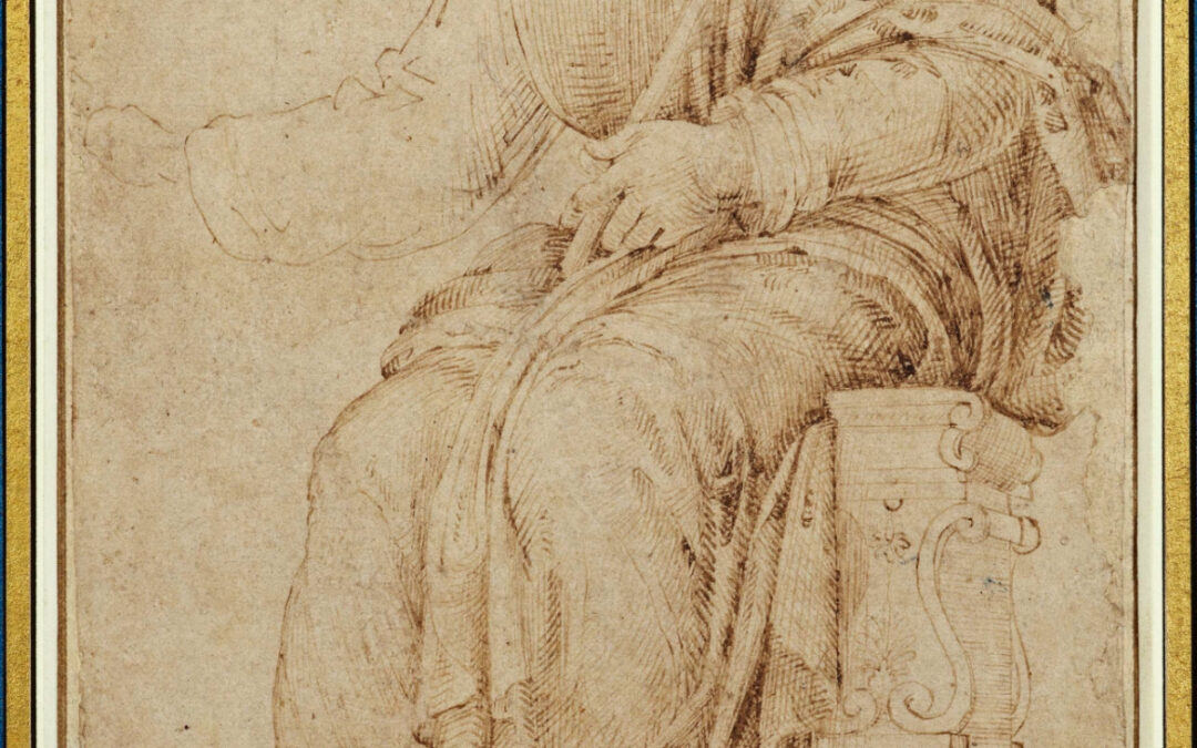 Seated figure sketch holding a staff.