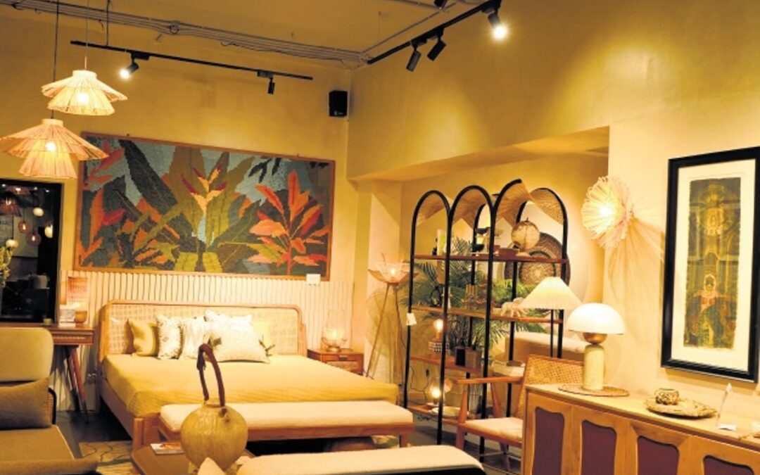 Modern living room with colorful decor.