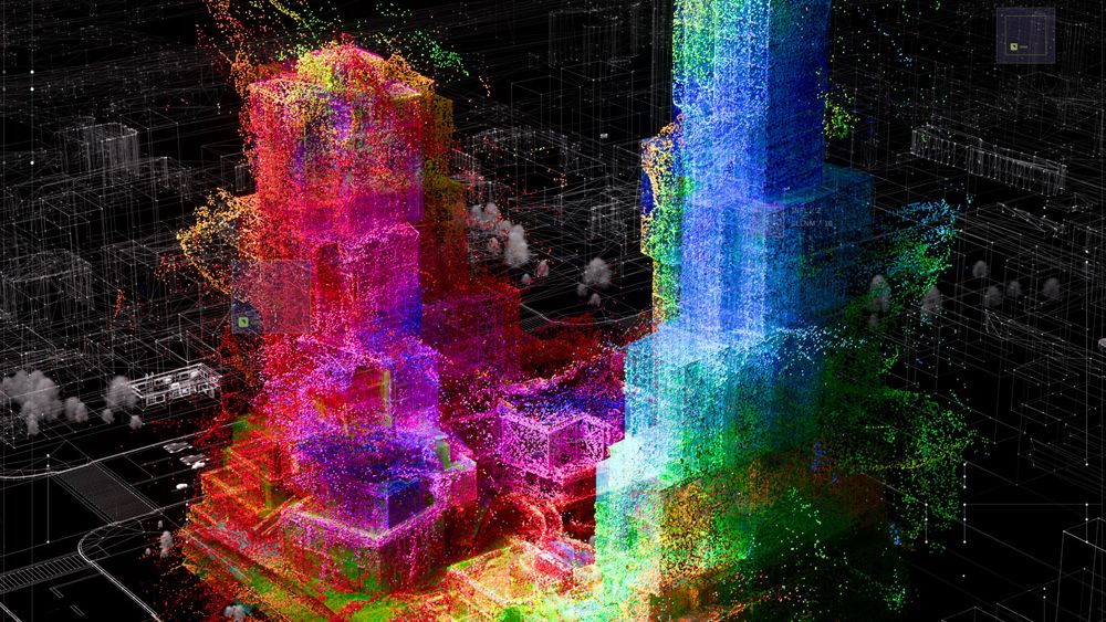 Colorful 3D point cloud rendering of two buildings
