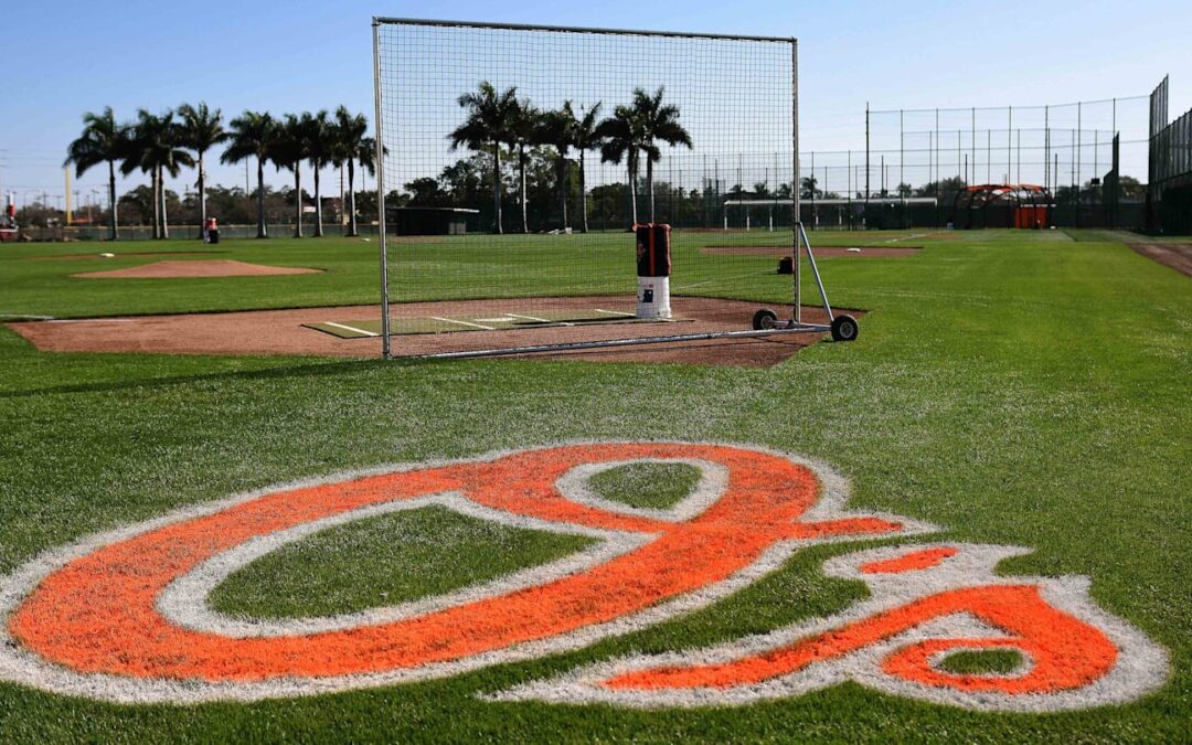 Baseball field with Orioles logo in foreground.