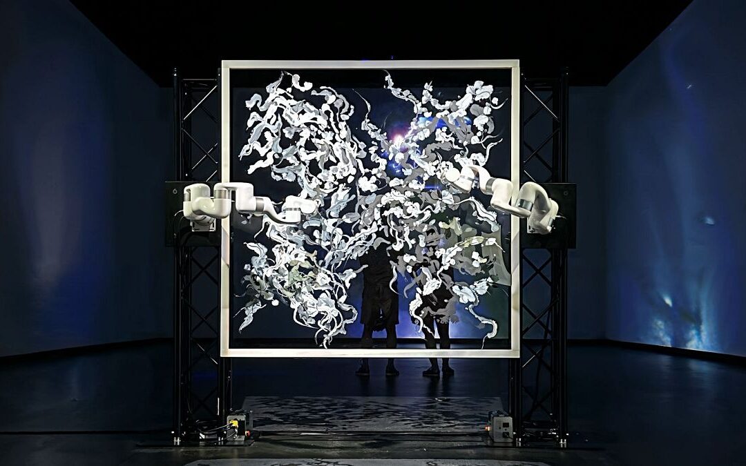 Interactive robotic art installation with abstract sculpture