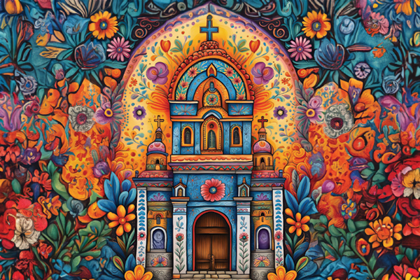 Colorful church art surrounded by vibrant flowers