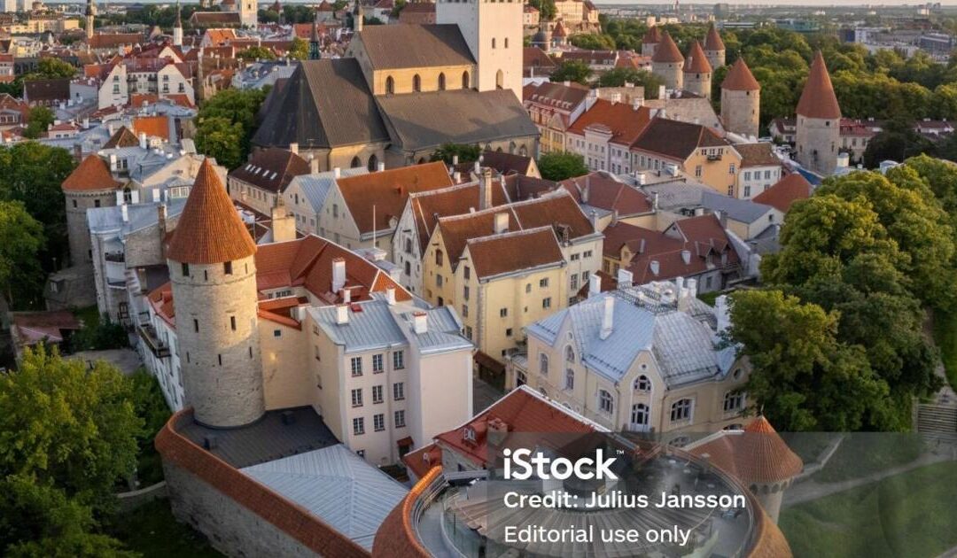 Aerial view of Tallinn's medieval architecture and towers.