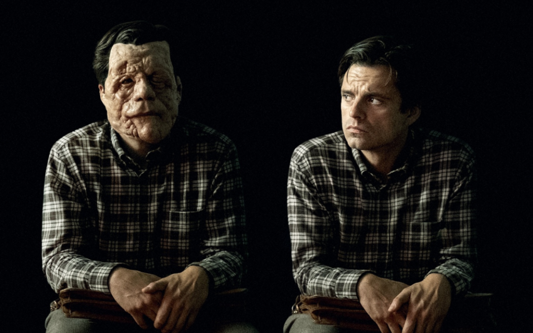Man and prosthetic face side by side, plaid shirts.