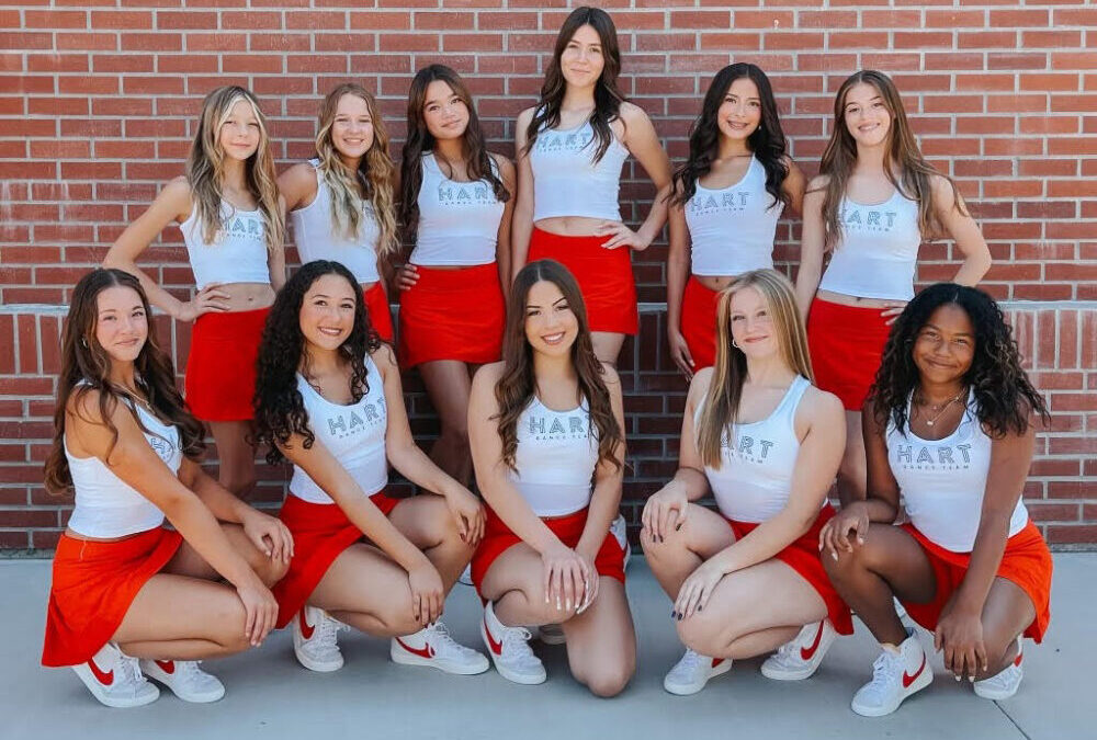 Cheerleaders posing in matching uniforms against brick wall.