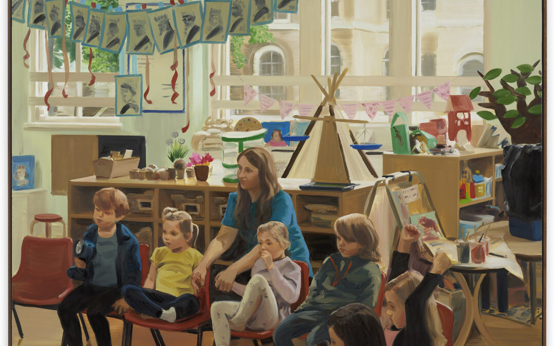 Teacher and children in classroom setting.