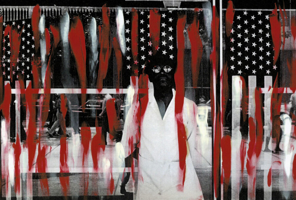 Abstract art with American flag and red streaks.