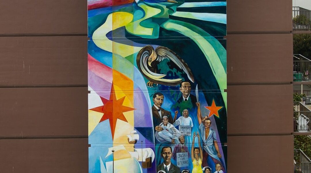 Colorful mural depicting historical figures and themes.