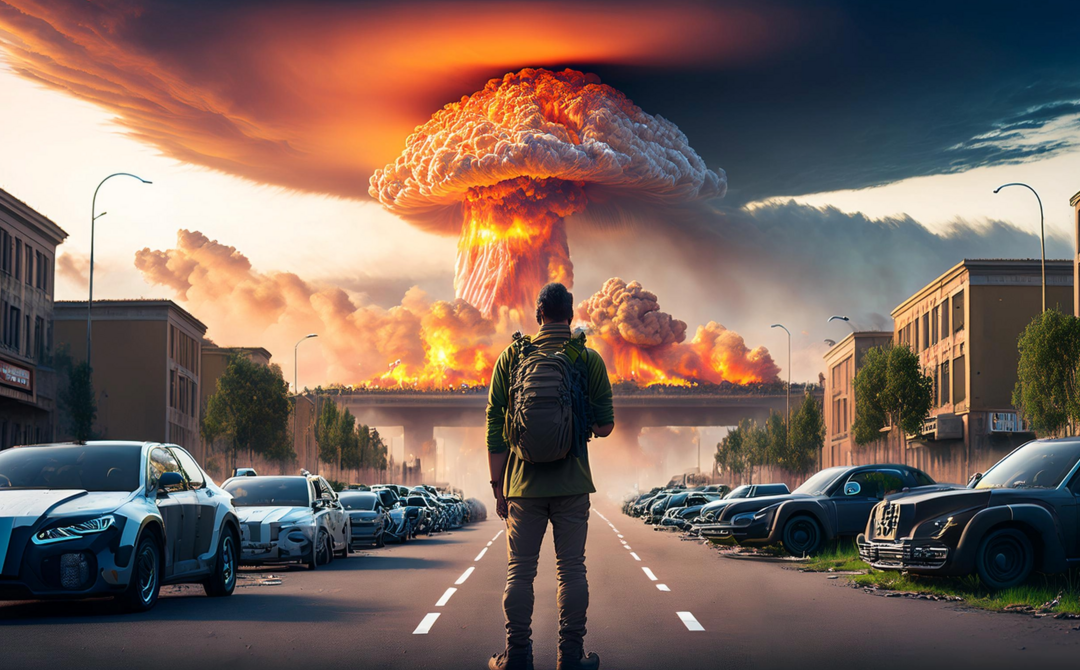 Person watching an explosion over a city street.