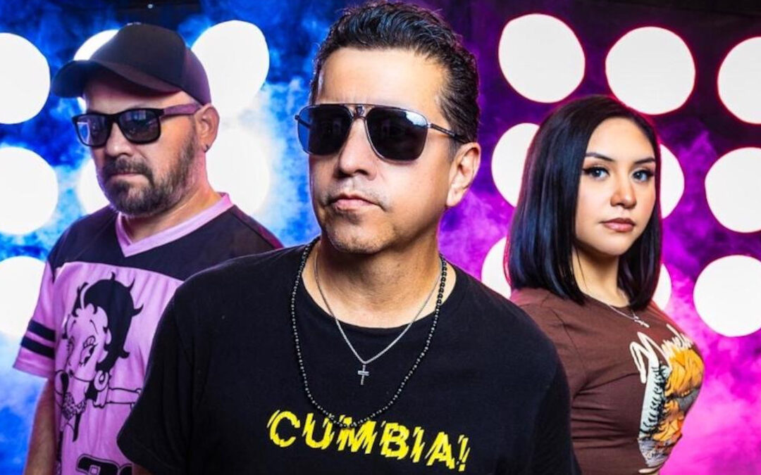 Three people with sunglasses and colorful background.