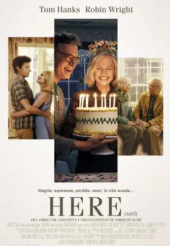 Movie poster with three scenes and birthday cake.