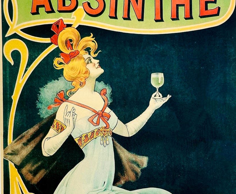 Vintage Absinthe poster, woman holding a glass.