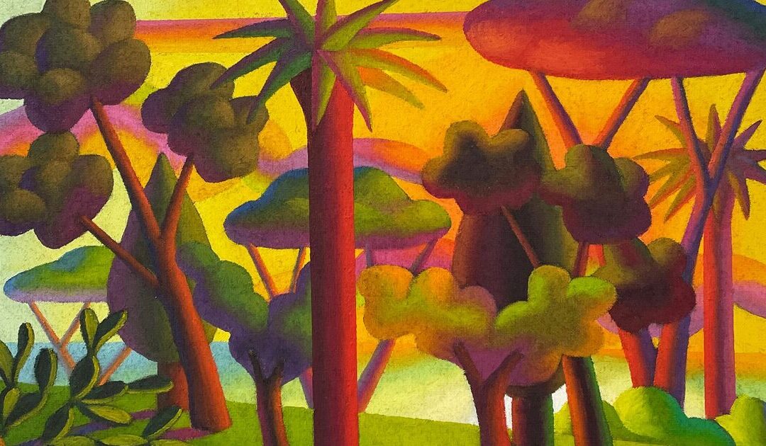 Colorful abstract forest at sunset