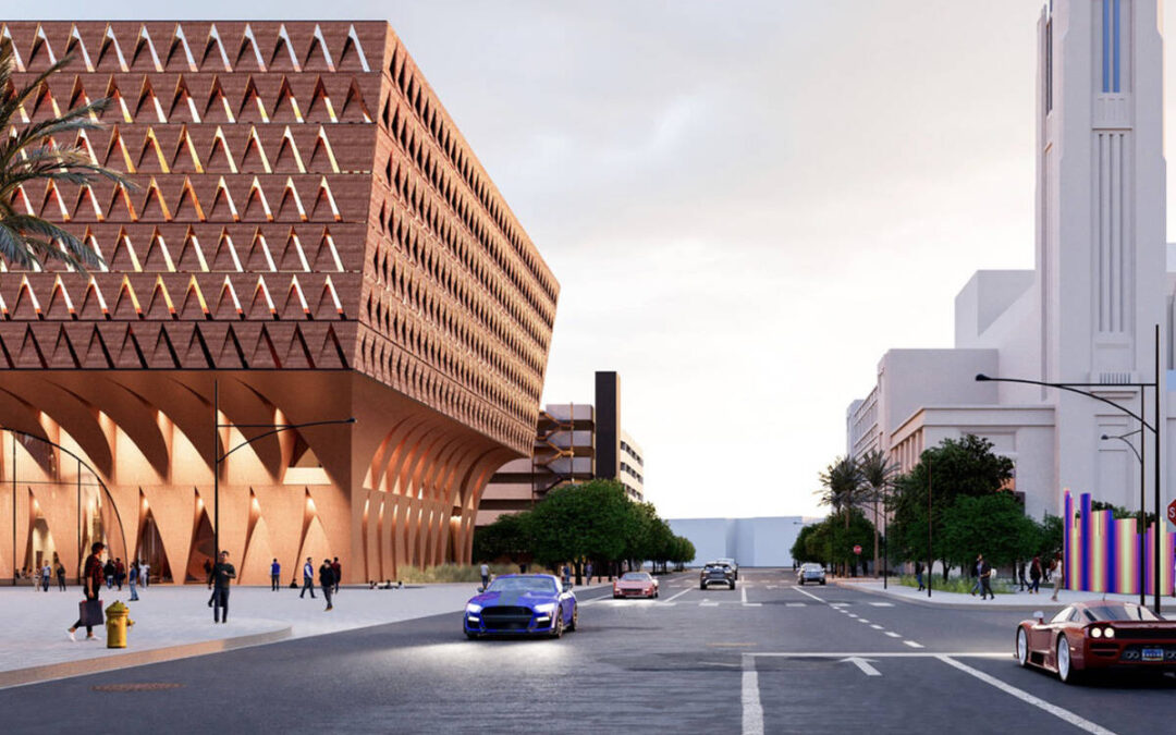 Modern street with unique architectural buildings