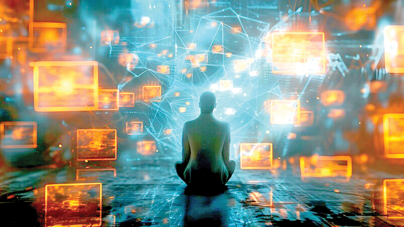 Person meditating amidst digital interface projections.