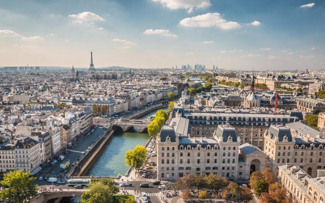Aerial view of Paris skyline with Eiffel Tower.