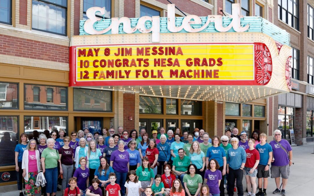 Group photo outside Englert Theatre, Iowa City.