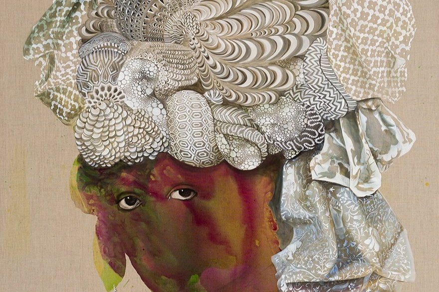 Abstract portrait with intricate headpiece design.