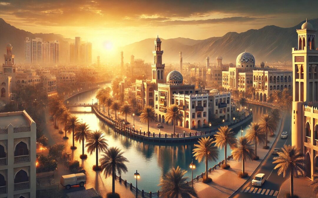 Sunset over city with river and palm trees.