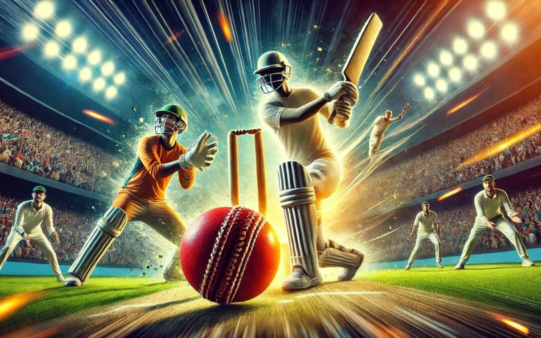 Intense cricket match in a vibrant stadium.