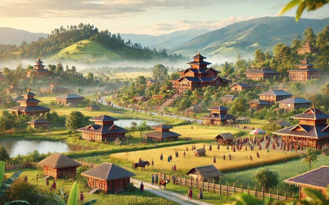 Scenic village with pagodas in lush green landscape.