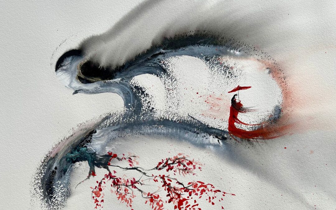 Abstract painting of person with umbrella and tree