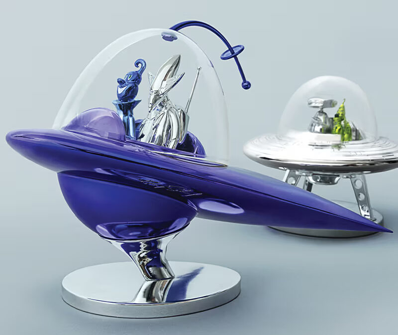 Colorful alien figures in futuristic spaceships.