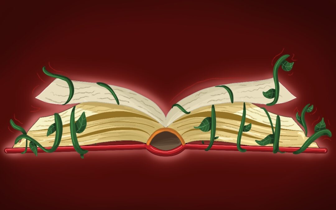 Illustration of open book with green vines.