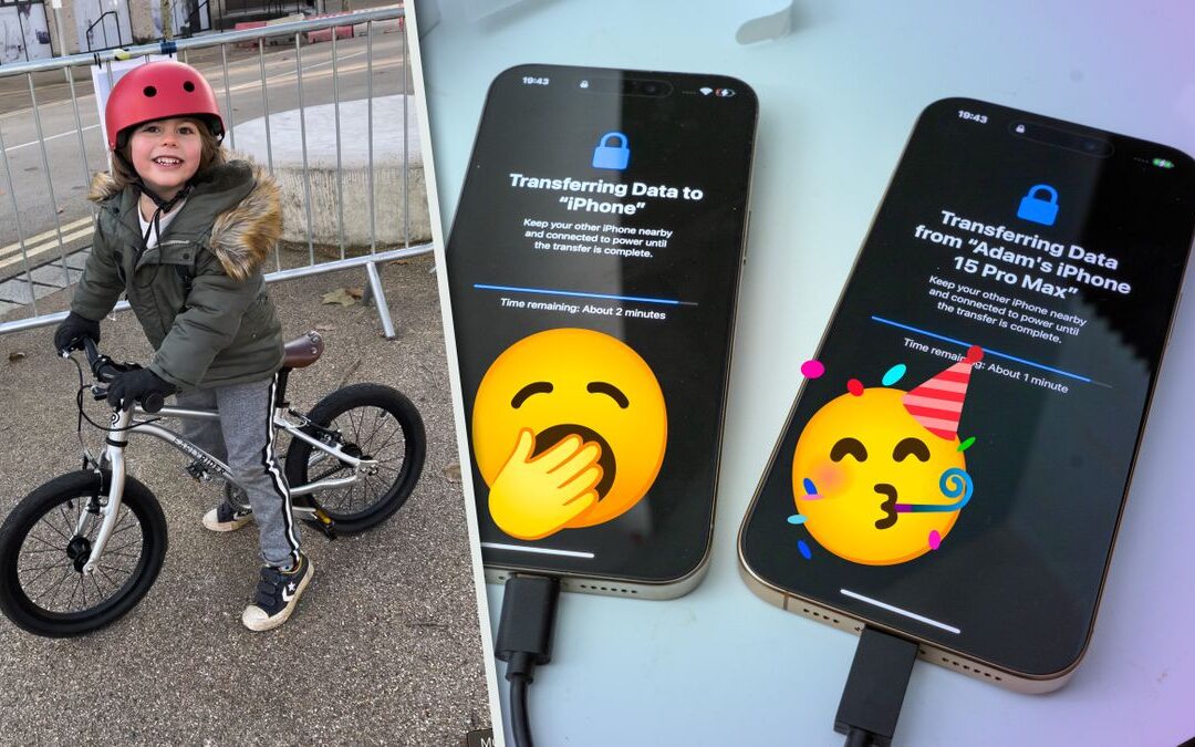 Child on bike; iPhones data transfer with emojis.