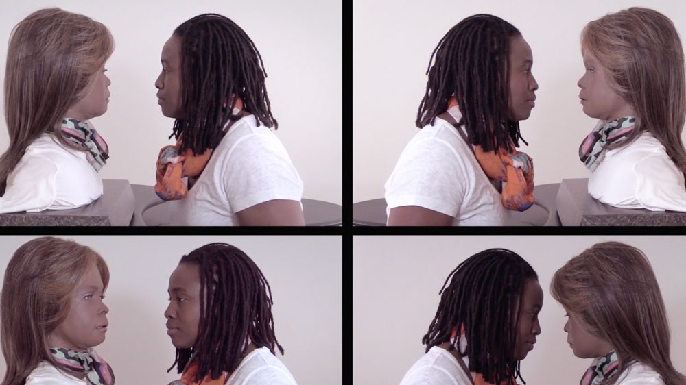 Person faces mannequin in split-screen fashion.