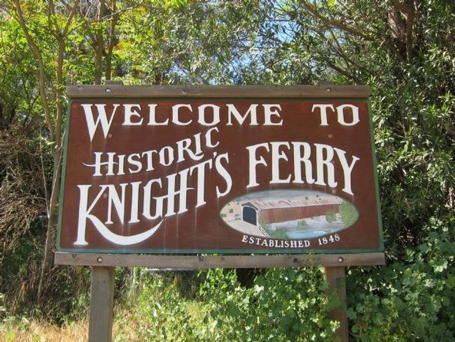 Welcome sign at historic Knight's Ferry, established 1848.