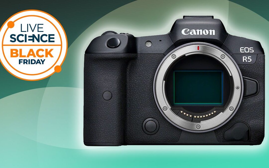 Canon EOS R5 camera, Black Friday sale banner