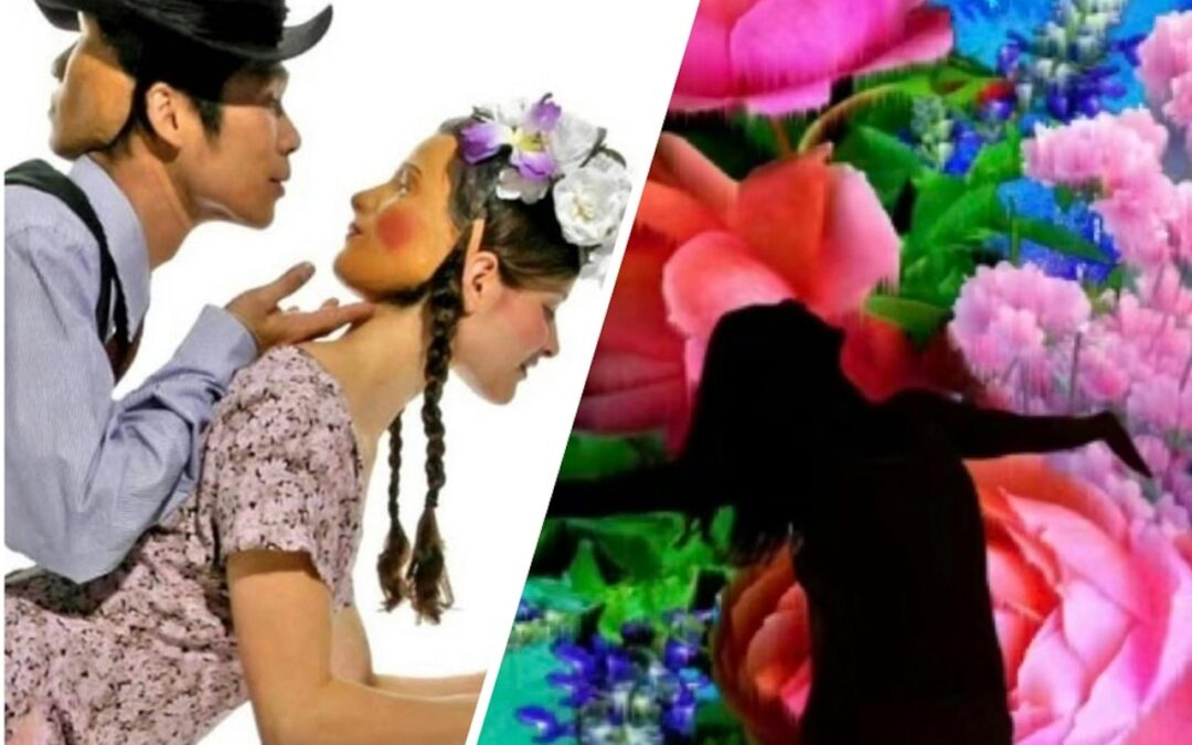 Surreal art: couple and florals blend creatively.