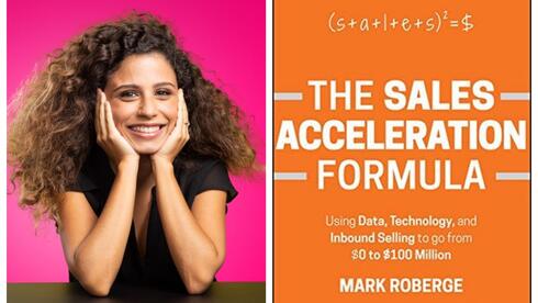 Smiling woman next to sales acceleration book cover.