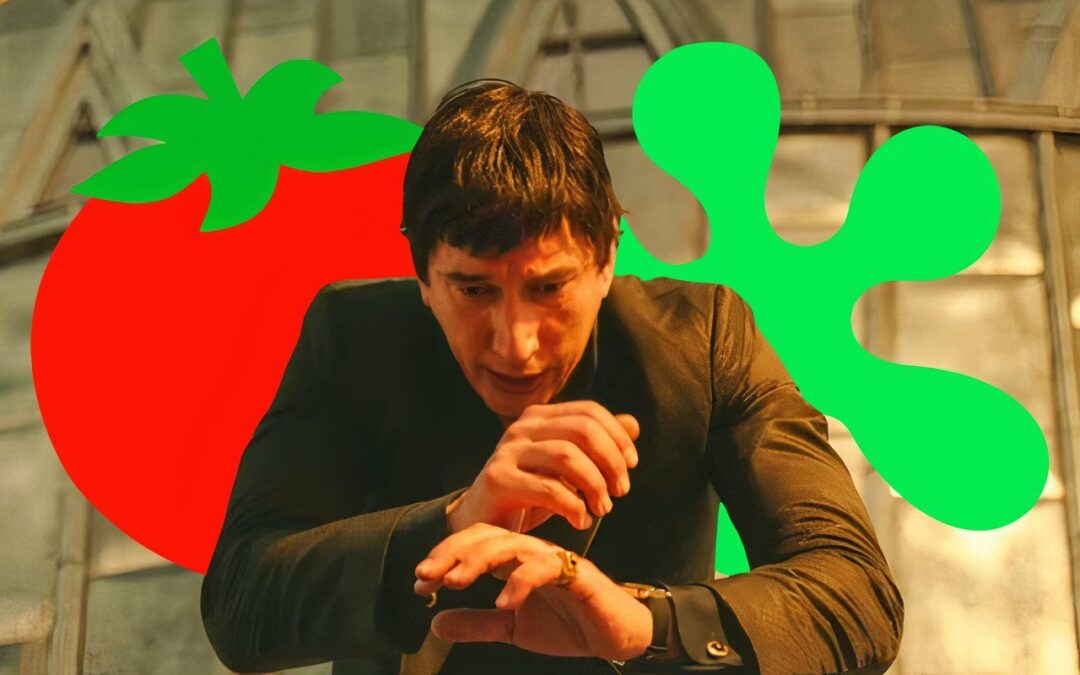 Man in distress with tomato and blob graphics.