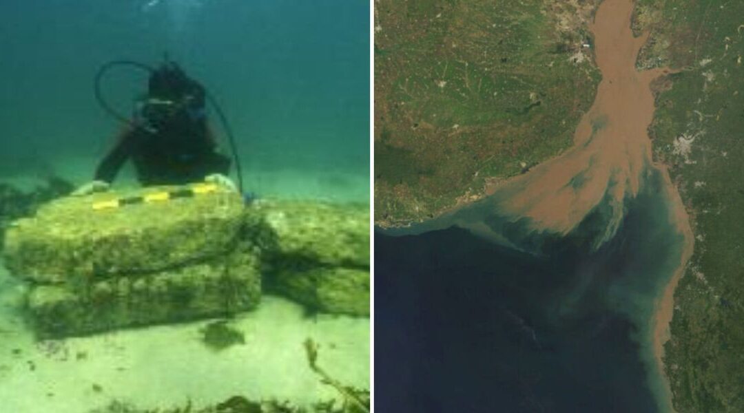 Diver with ancient archaeological stones underwater.