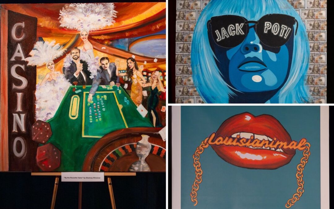 Casino art, blue portrait, lips with chain design.