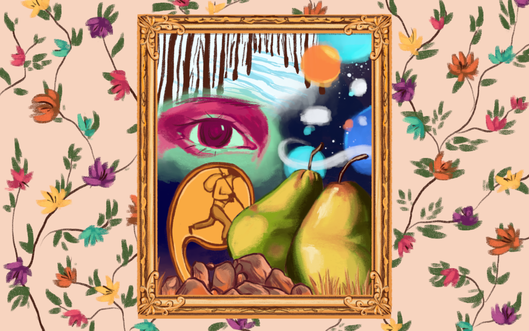 Surreal painting with eye, pears, and cosmic scene.
