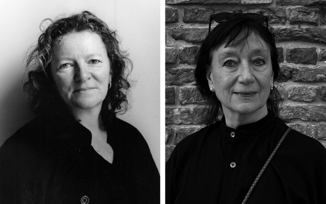 Two women posing in black and white portraits.