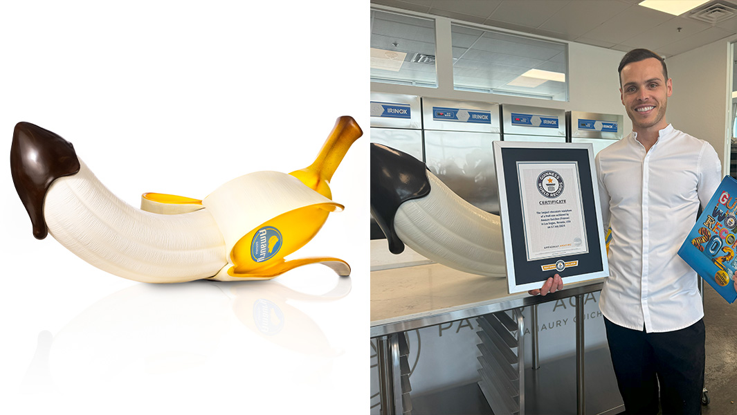 Chocolate-covered banana sculpture and world record certificate.