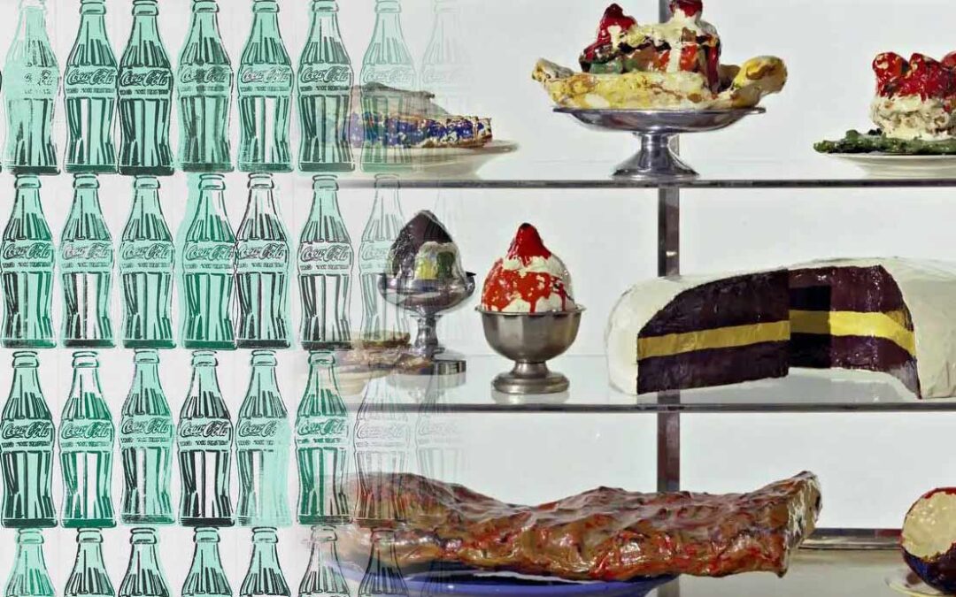 Pop art collage of Coke bottles and desserts.