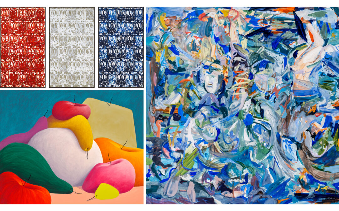 Colorful abstract paintings and fruit composition.