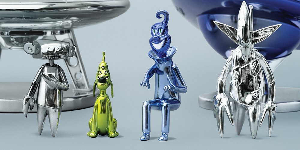 Colorful alien sculptures on reflective surfaces.