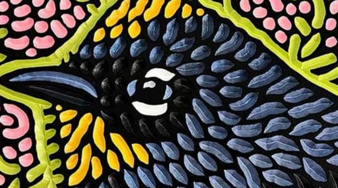 Colorful abstract bird design with intricate details.