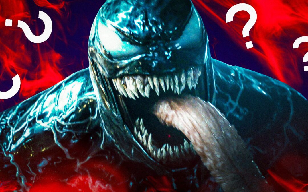 Comic character with sharp teeth and question marks.